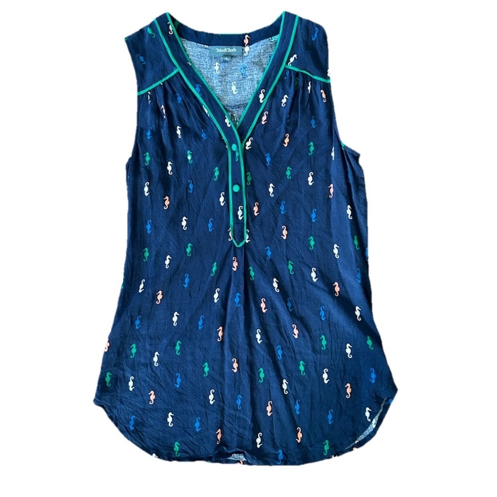 ModCloth Blue Seahorse Sleeveless Top Green Trim Summer Fun Small 100% Rayon
